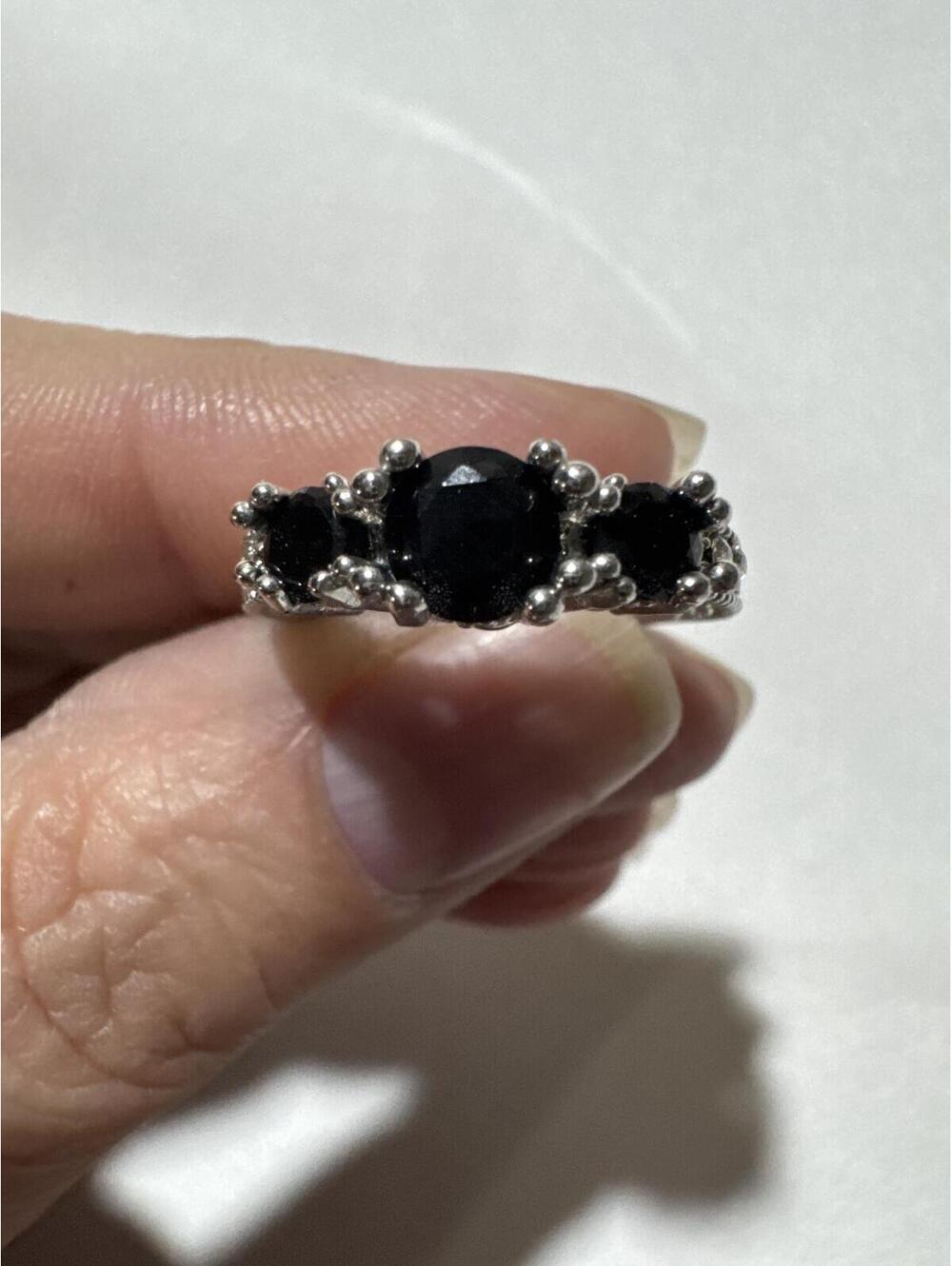Sterling Silver 925 Black Stone Three Stone Ring Size 6.5 Vintage Style